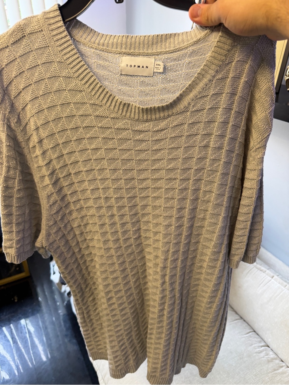 TOPMAN Taupe Short-Sleeve Textured Crewneck Sweater